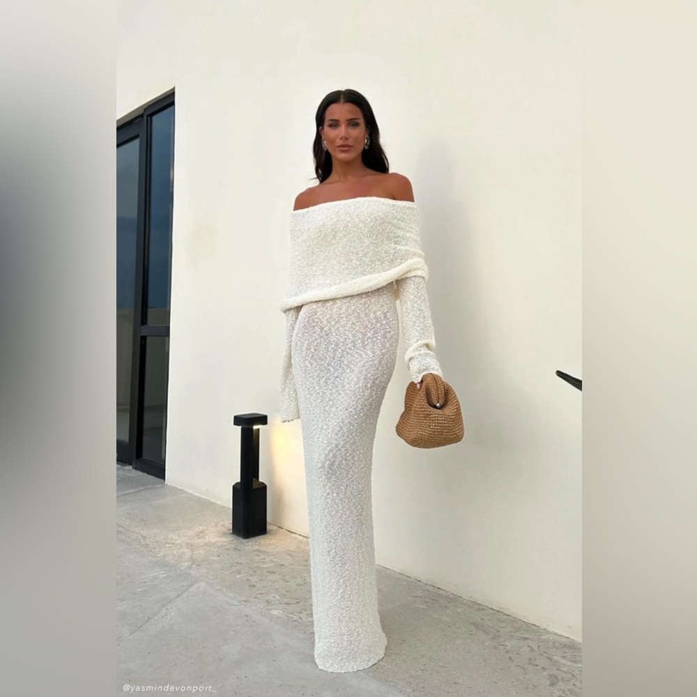 Meshki Marisol Off Shoulder Boucle Maxi Dress